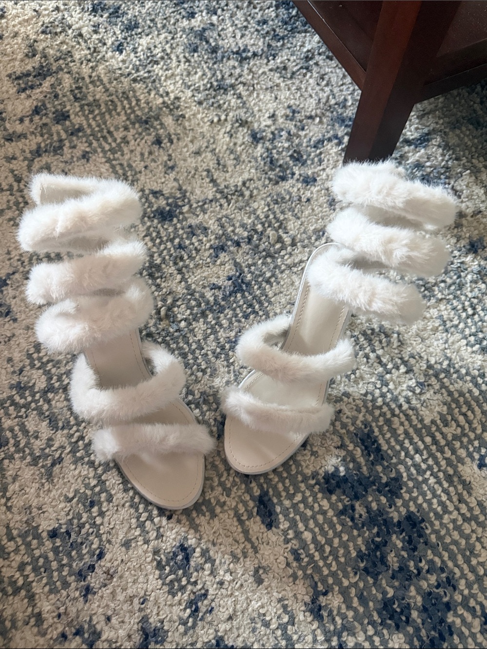 New  Faux Fur Strappy High Heel Sandals - White